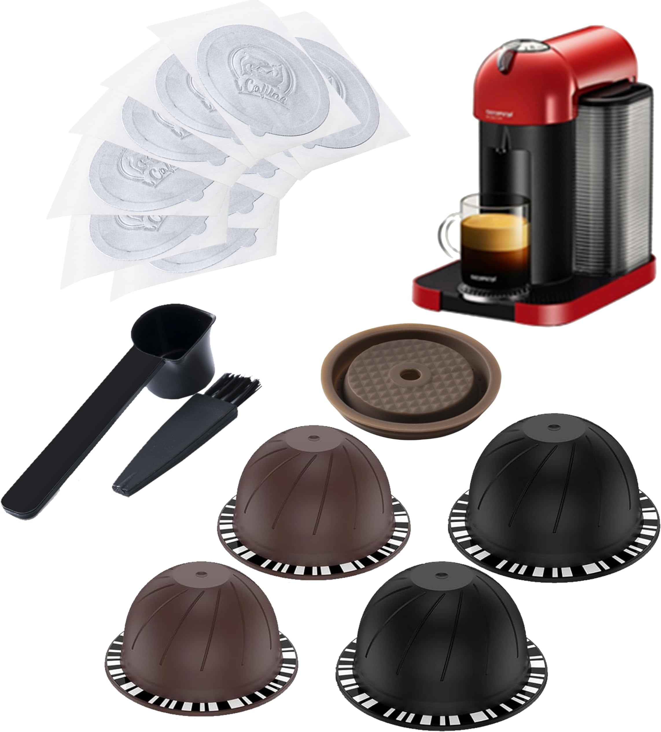8-Pack Vertuo Reusable Pods, Refillable Vertuo Coffee Pods with 150ml & 230ml Capsules, Includes Silicone Lids & 10 Aluminum Seals