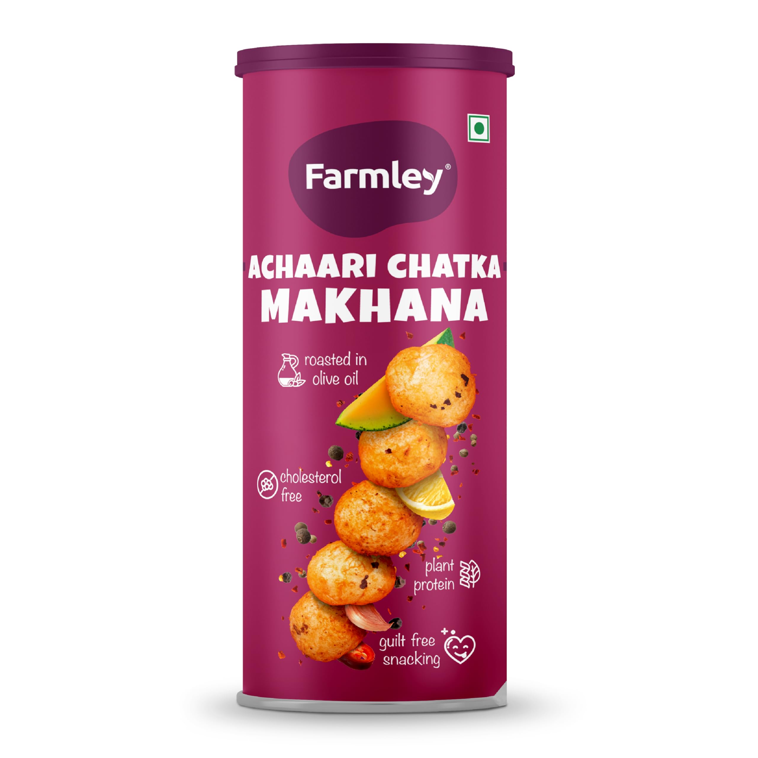 Farmley Roasted and Flavoured Makhana | Achaari Chatka Makhana | Namkeen Snacks & Puffed Snacks | Healthy Snack | Cholesterol Free | Gluten Free | Rich In Protein & Fiber | Roasted in Olive Oil - 77g Jar