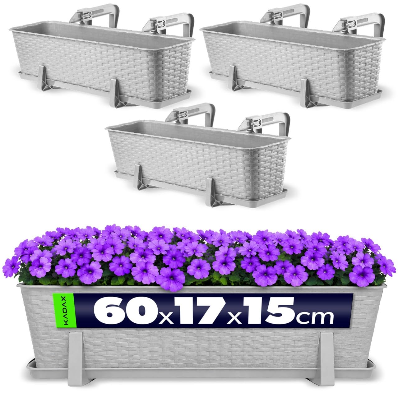 KADAX Macetas de Plástico Imitación Ratán, Maceteros Rectangulares con Platillos y Soportes para Exterior, Jardineras Colgantes (3: Gris, 60 cm, Aprox. 36L)