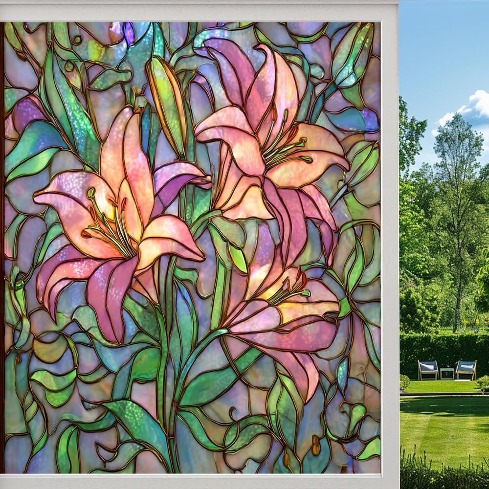 Gorgeous Lily Privacy Window Film, Colorful Flower Botanical Garden Frosted Self-Adhesive Vinyl Cling for Glass Doors Bathroom Windows Sun Blocking Heat Control, （70x120cm）