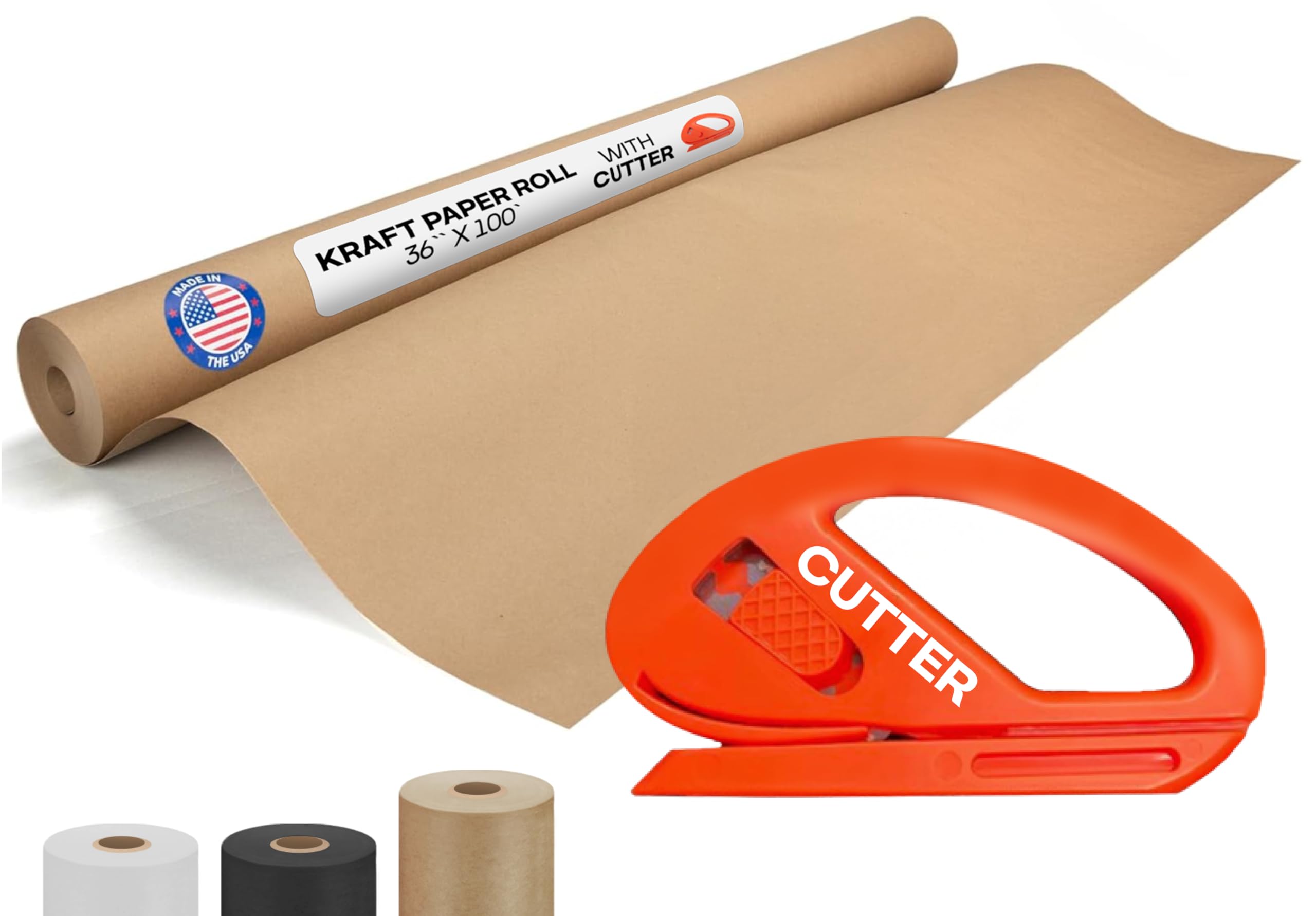 Rollo de papel kraft marrón de 36 x 1200, 100 pies con cortador, fabricado en EE. UU., papel de calidad, 50 lb de grosor, para envolver, empacar, mudarse, enviar, manualidades, material kraft natural de IDL Packaging.