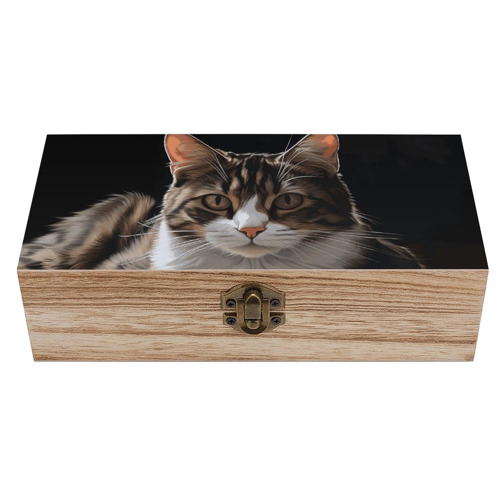 FekiLoot Tabby Cat Wooden Keepsake Box Decorative Wood Storage Organizer with Hinged Lid Large Handmade Boxes Wedding Memory Treasure Box for Jewelry Photos Stamps Crafts