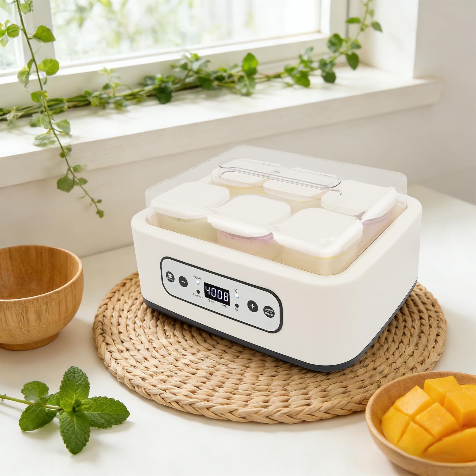 Yogurtera automática de 25 W con tapa, incluye 6 recipientes de cristal de 250 ml para hasta 1,5 l de yogur, yogurt con temperatura 21 – 48 °C