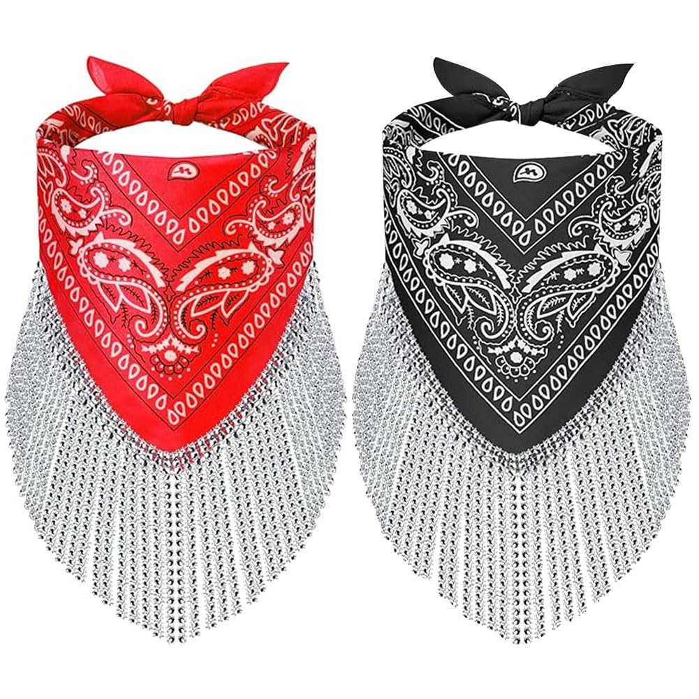 KABAKE2 Pcs Cowgirl Fringed Bandana Rhinestone Fringe Paisley Scarf Wedding Bride Accessories for Disco Bachelorette Party