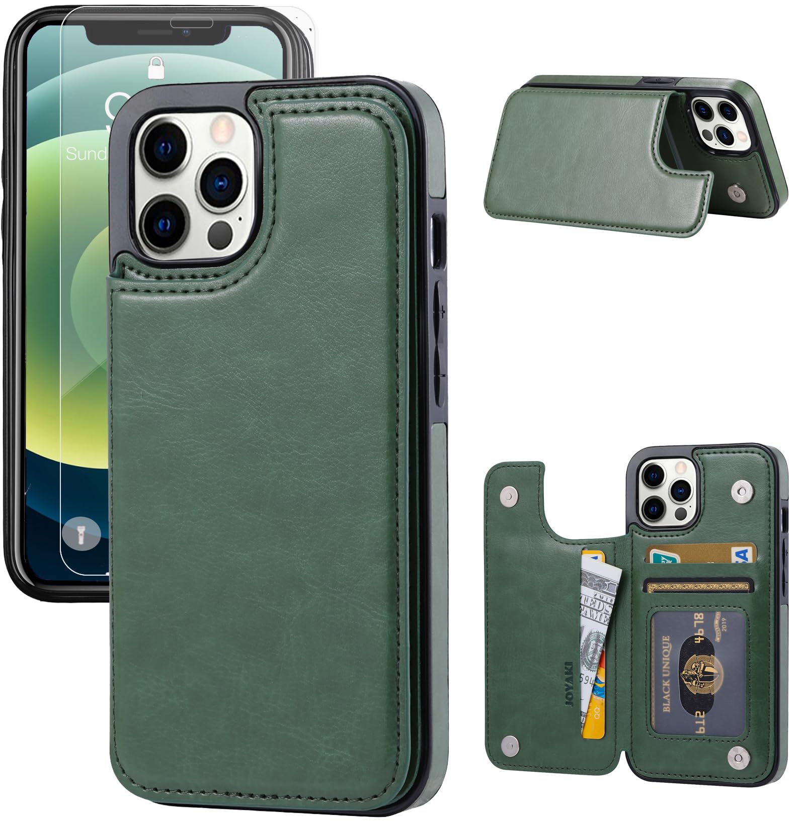 JOYAKI Wallet Case Compatible with iPhone 12 Pro/12,Slim Protective case with Card Holder,Premium PU Leather Card Slots Case with a Screen Protective Glass for iPhone 12pro/12(6.1")-Grass Green