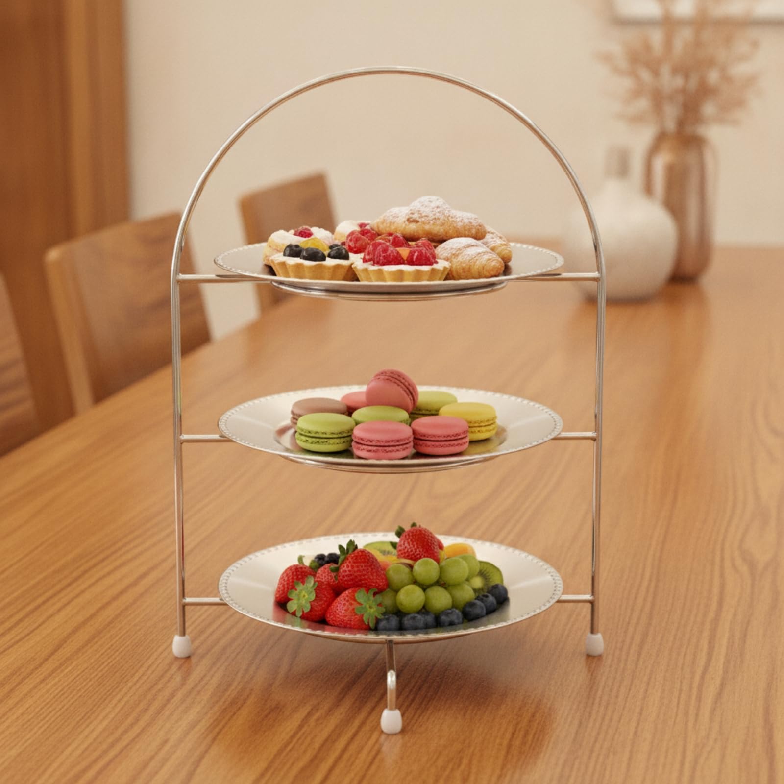 Expositor Postres Acero Inoxidable Elegante Banja Triple Niveles Morno Soporte Escalonado para Reposteros , Diámetro Del Plato Grande 24 CM