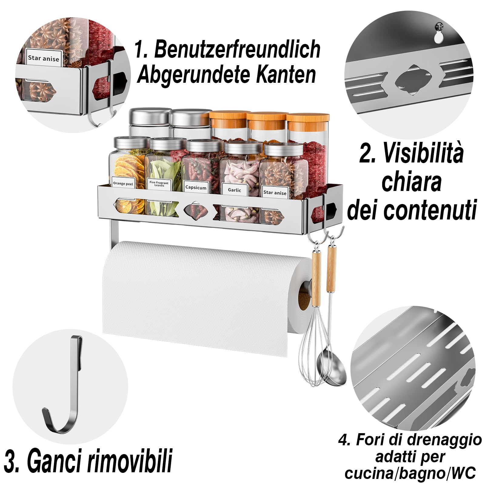 BOIVSHI portaspezie con portarotolo e ganci, Portaspezie Da Appendere con portaro tolo, mensola da cucina da parete, argento