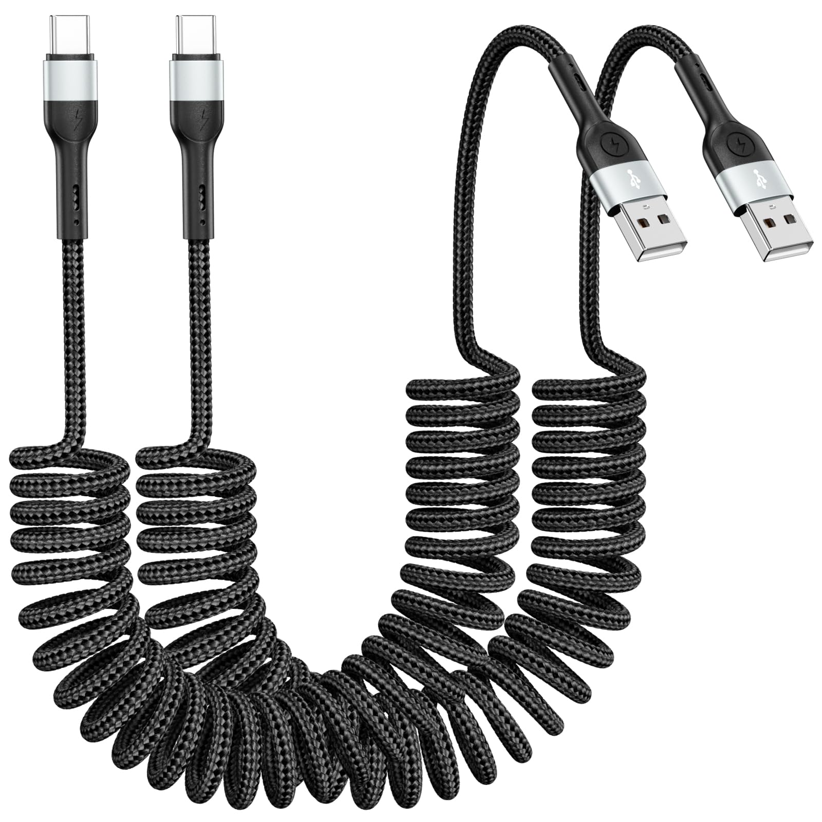 Cable USB A a USB C, paquete de 2 unidades de 4 pies, cable de resorte retráctil en espiral, carga rápida para Apple CarPlay, compatible con iPhone 17, 16, 15, Samsung Galaxy, Google Pixel LG