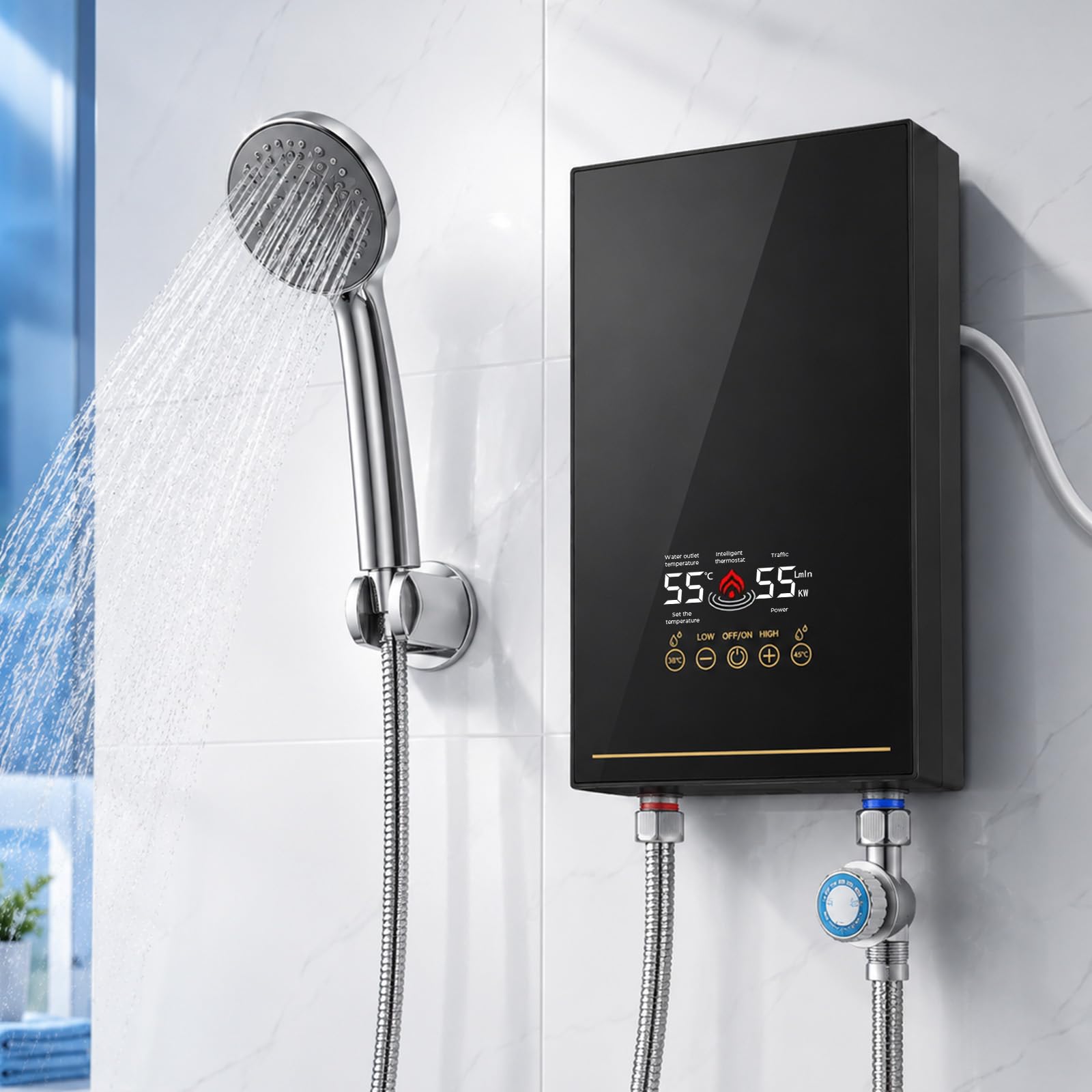 Mini Durchlauferhitzer 5500W 220V, Elektrischer Warmwasserbereiter mit LED-Display, elektronisch geregelt, Max. 55℃, Instant Elektrische Durchlauferhitzer Klein für Dusche, Bad, Küche, Garten