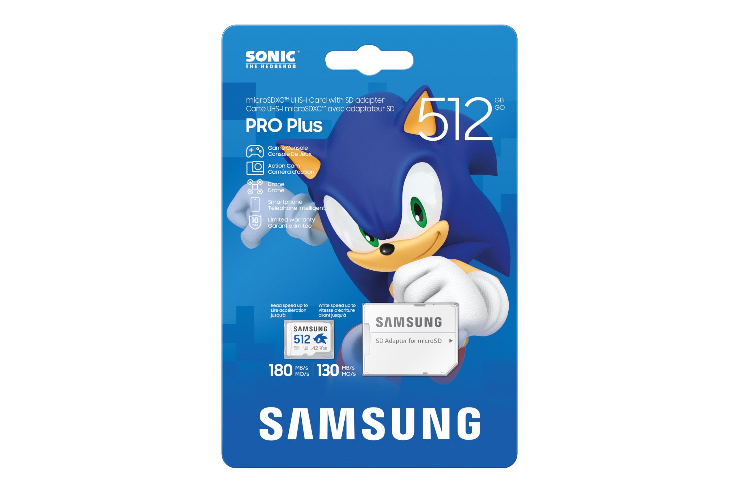 Samsung Sonic the Hedgehog(TM) microSD-Karte + SD-Adapter, Speicherkarte mit 512 GB, UHS-I U3, Full HD & 4K UHD, 180 MB/s Lesen, 130 MB/s Schreiben, Datenspeicher für Handheld-Konsolen, MB-MD512SA/LC1