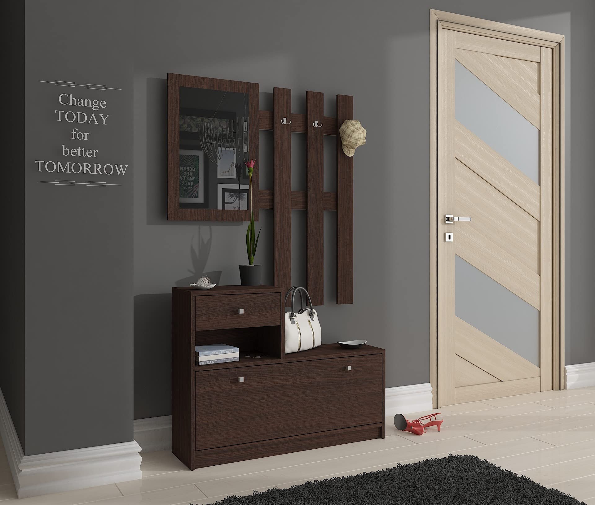 AKORD | Guardaroba Completo 2 Pezzi | Scarpiera con Piano e Cassetto 90 x 70 x 25 cm | e Appendiabiti a Muro con Specchio 90 x 100 cm | Set Completo Ingresso | Peso 39 kg | Wenge