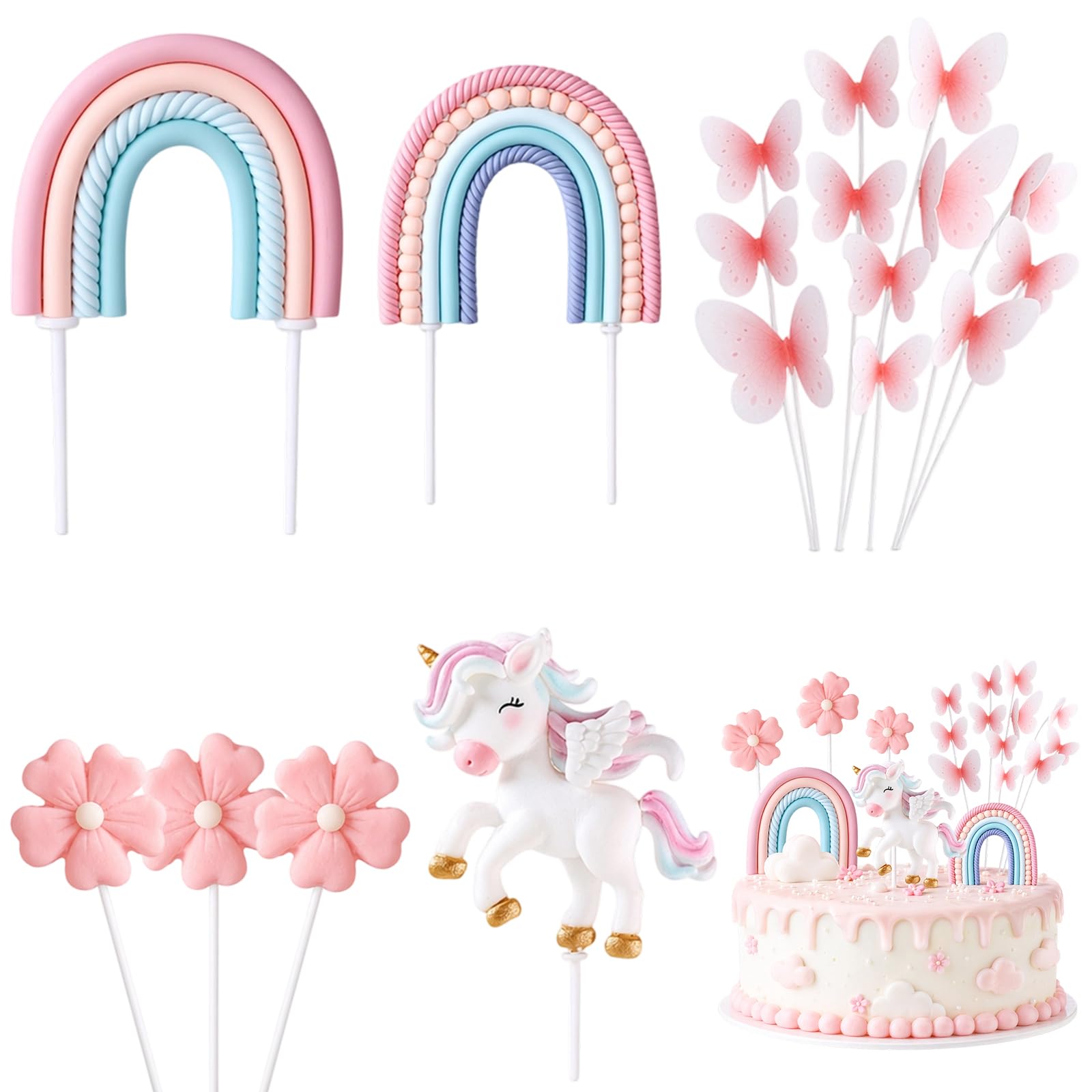 5Pcs Unicorn Cake Topper Set with Rainbow, Butterfly and Flower Figures, Polymer Clay Unicorn Birthday Decorations for Party and Dessert Tables