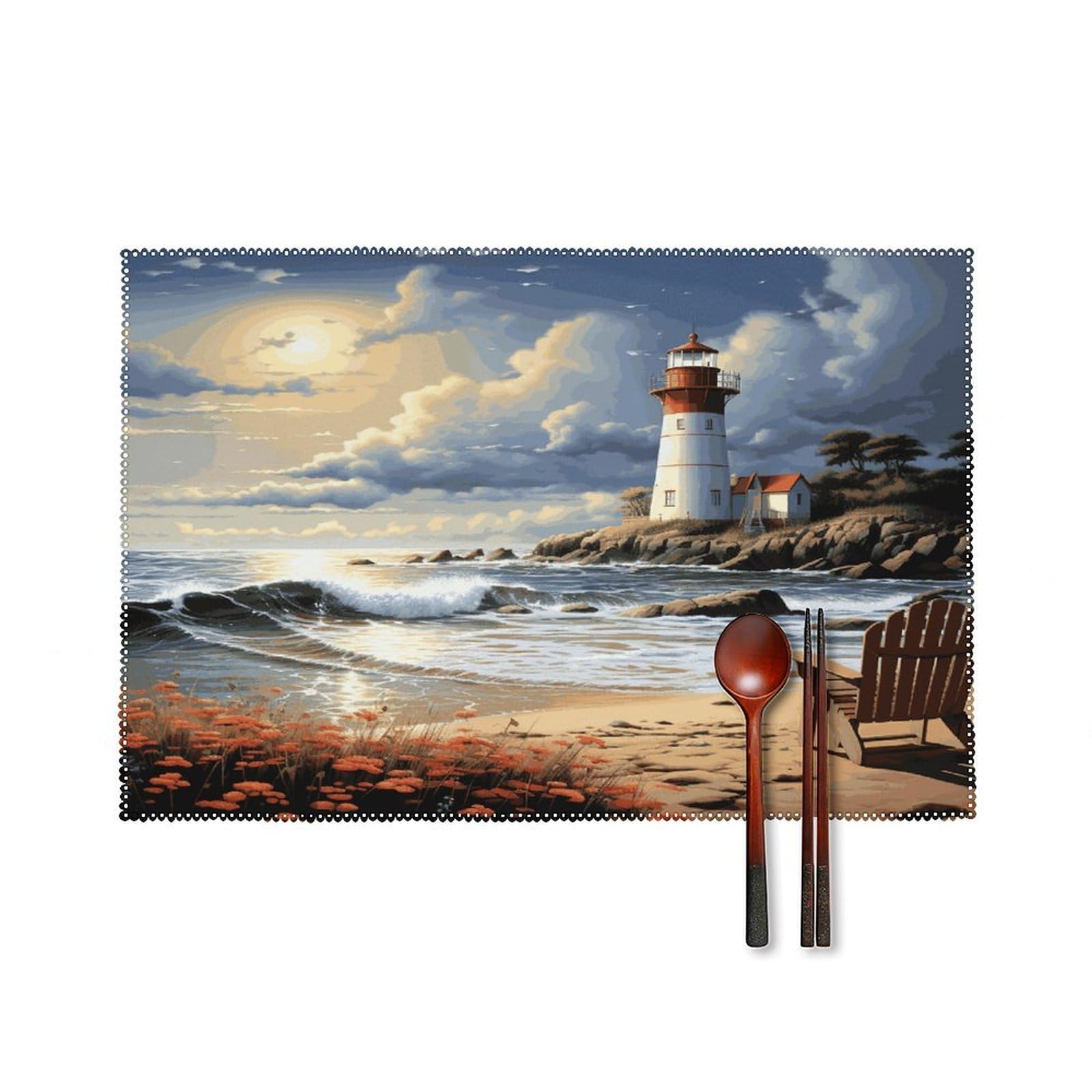 Sea Lighthouse Sandbeach Placemats Set of 4 Heat Resistant Non-Slip Place Mats Wipeable Easy to Clean Table Mats for Kitchen Dining Party Outdoor Placemats