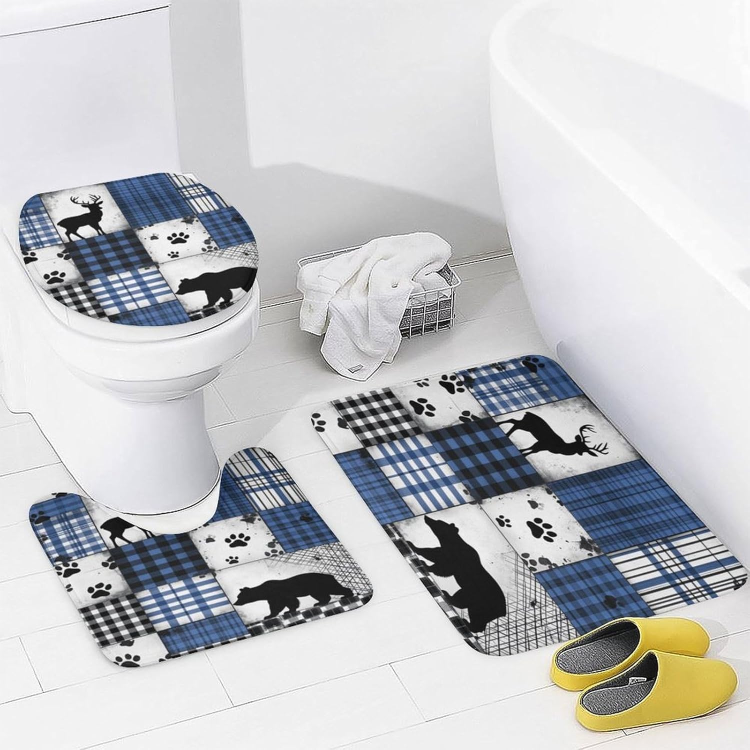 4Pcs Retro Patchwork Deer Bear Paw Square Shower Curtain 72W X 72L, Toilet Lid Cover Non-Slip Rugs and U-Shaped Mat, Rustic Line Blue Bathroom Decor Set with 12 Hooks