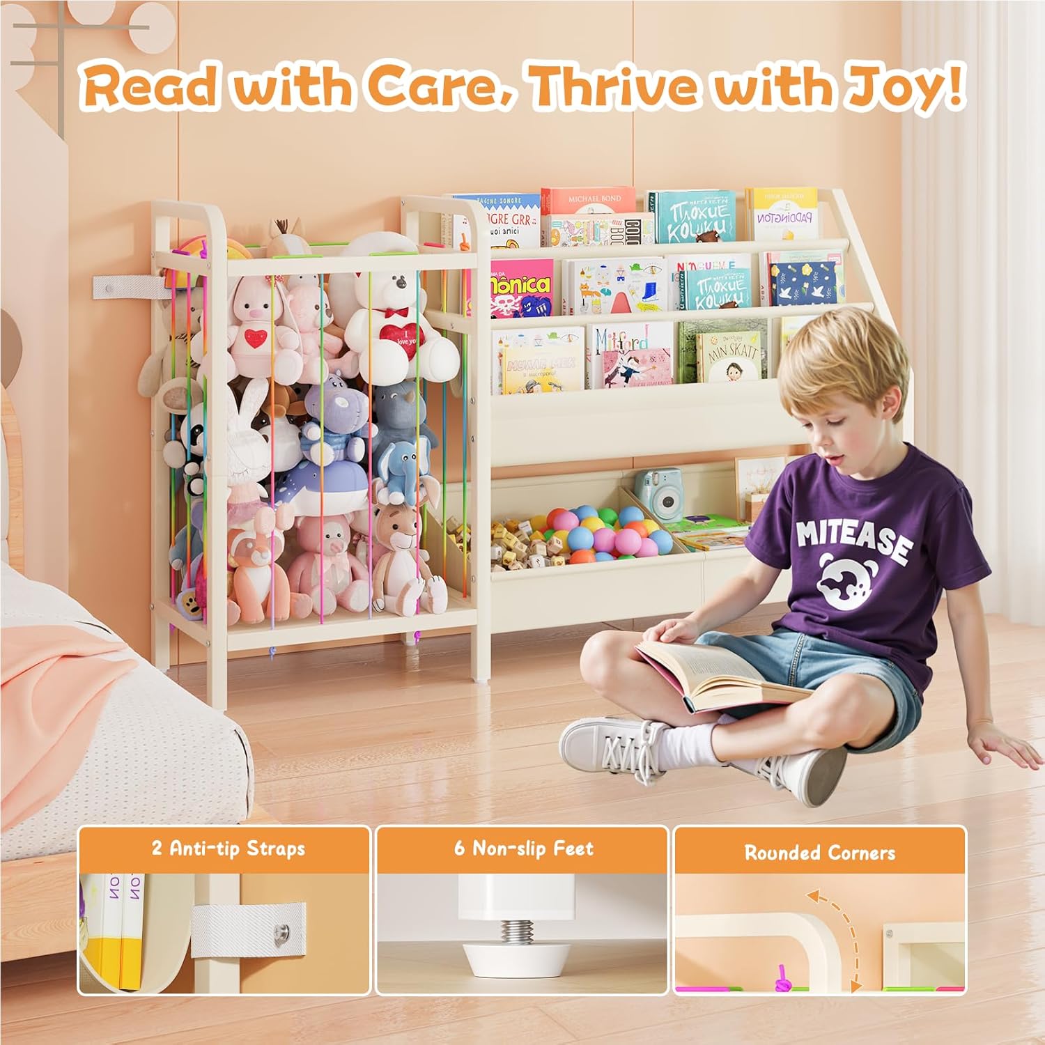 B5 Kids Bookshelf and Toy Storage, Book Shelf for Kids Rooms, Sling Toddler Book Shelves with Stuffed Animal Storage, Montessori Baby Bookcase for Nursery, Bedroom, Playroom, White