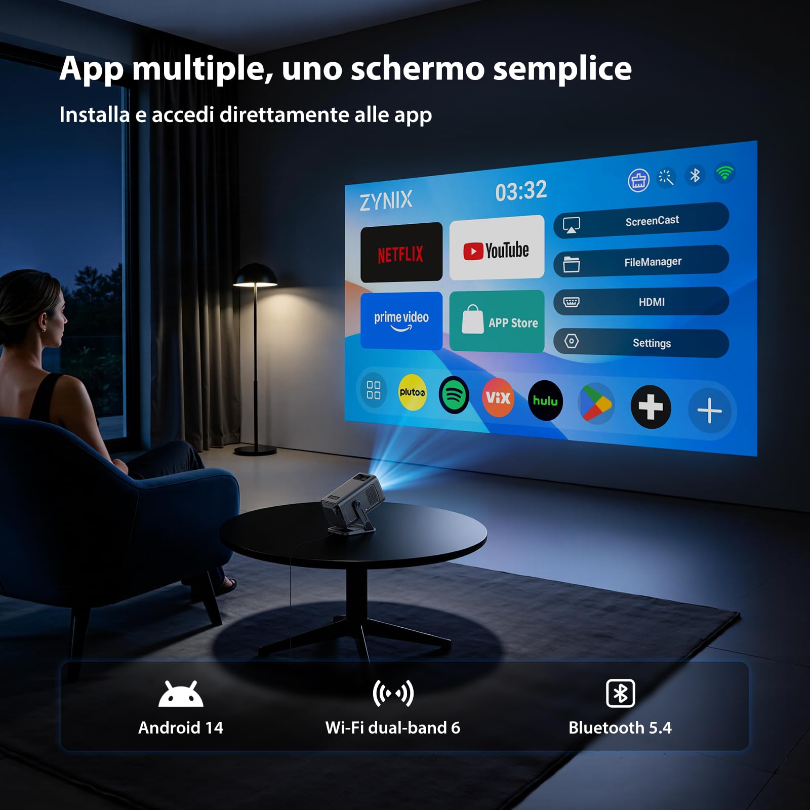 ZYNIX Mini Proiettore con Android 14, Supporta 4K e 1080P, NIX500 | Smart Proiettore con WiFi 6 e Bluetooth 5.4, Auto Keystone e Rotazione 210° per Home Cinema, Gaming e Outdoor