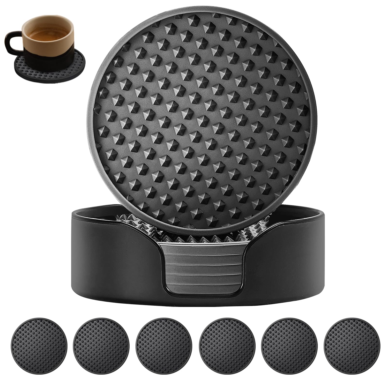 Silicone Coasters 6 Pack with Holder, Suitable for Kinds Cups, Table Cup Mat for Hot Cold Drink, Non-Slip, Non-Stick, Tabletop Protection(Black, 6pcs)