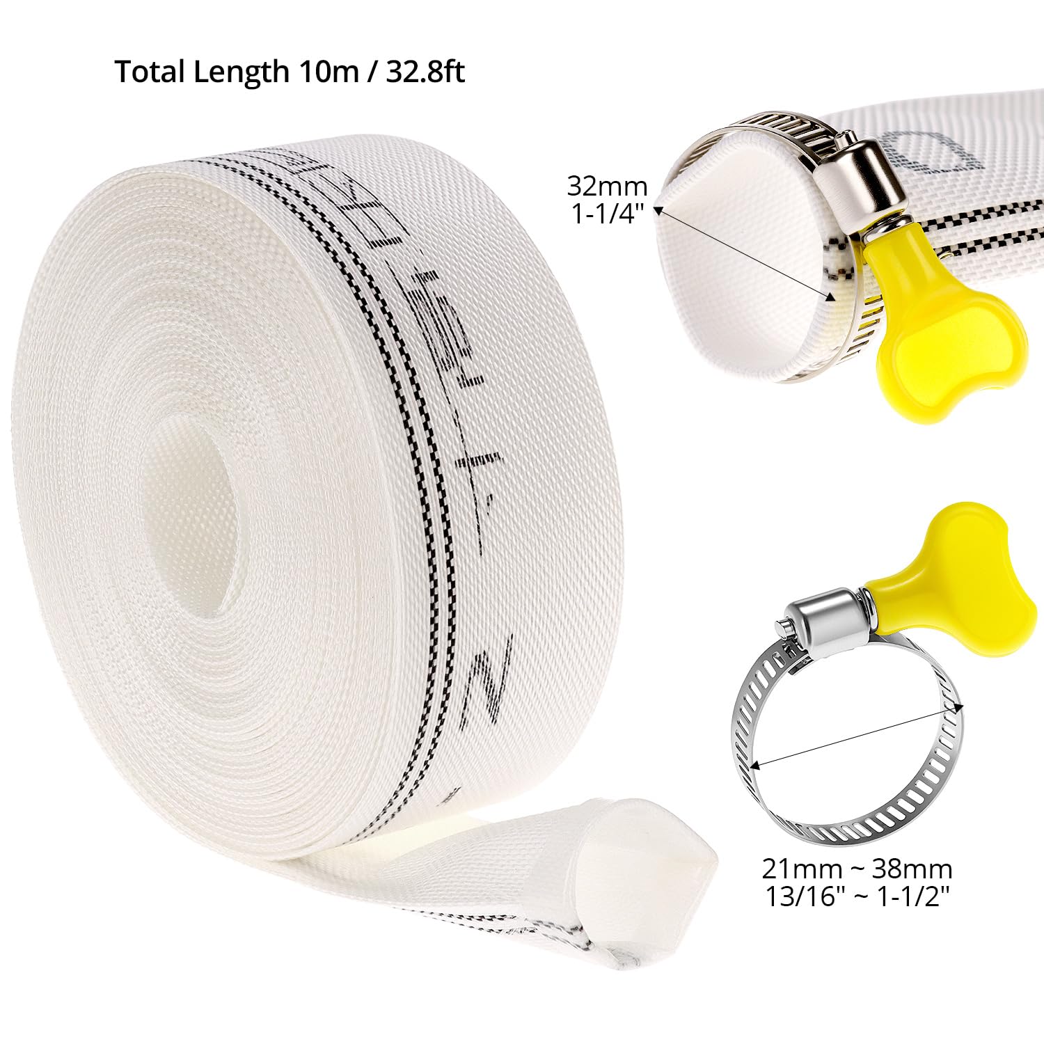 Tubo Flessibile In Tessuto Piatto 32 Mm (1″ 1/4) – 10 Metri, Con 2 Fascette In Acciaio – Per Irrigazione, Drenaggio E Usi Industriali