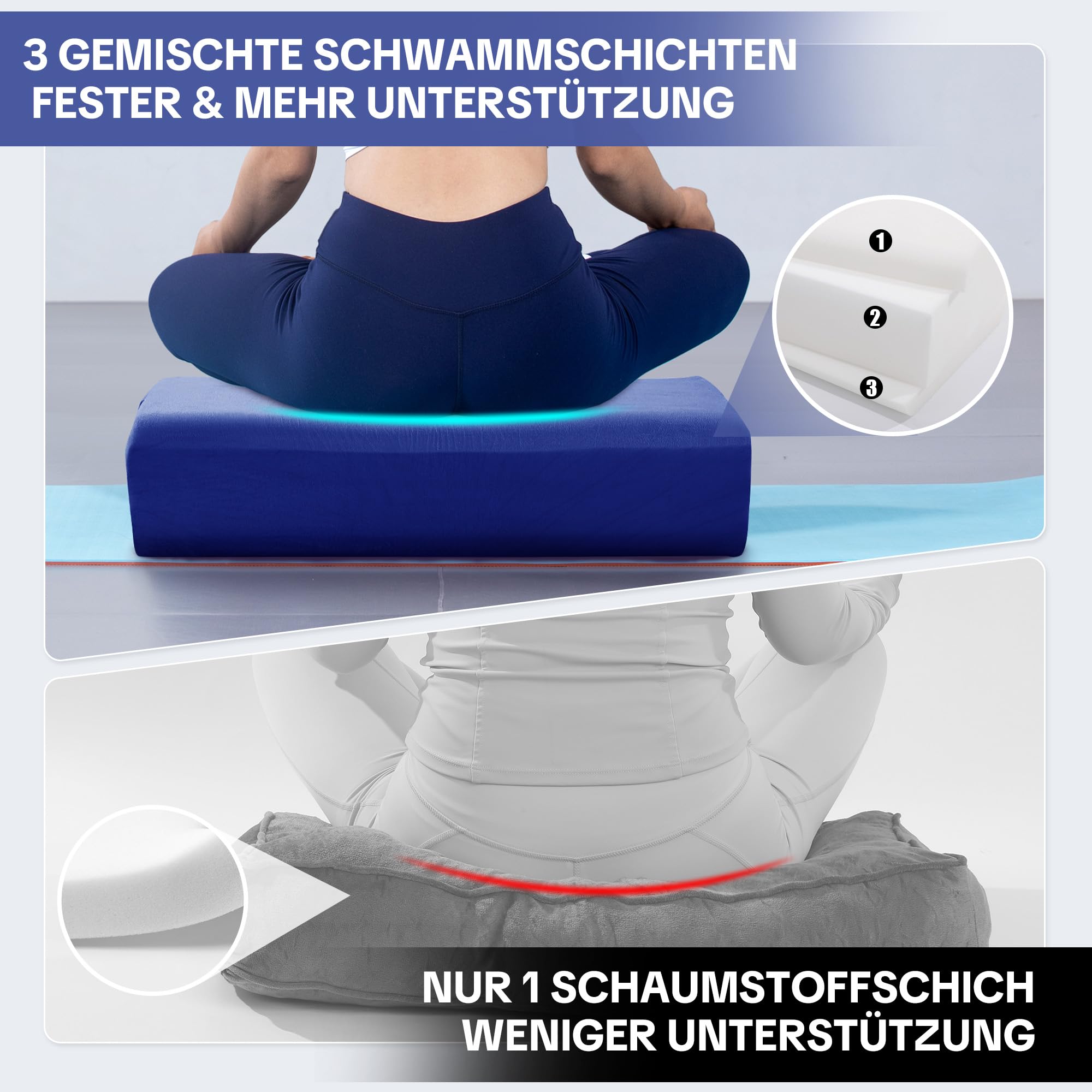 Yoga-Bolster-Kissen, Rechteckiges Yoga-Bolster mit einteiligem Schaumstoffkern und Tragegriff, Meditationskissen mit waschbarem Bezug für Restorative Yoga & Meditation