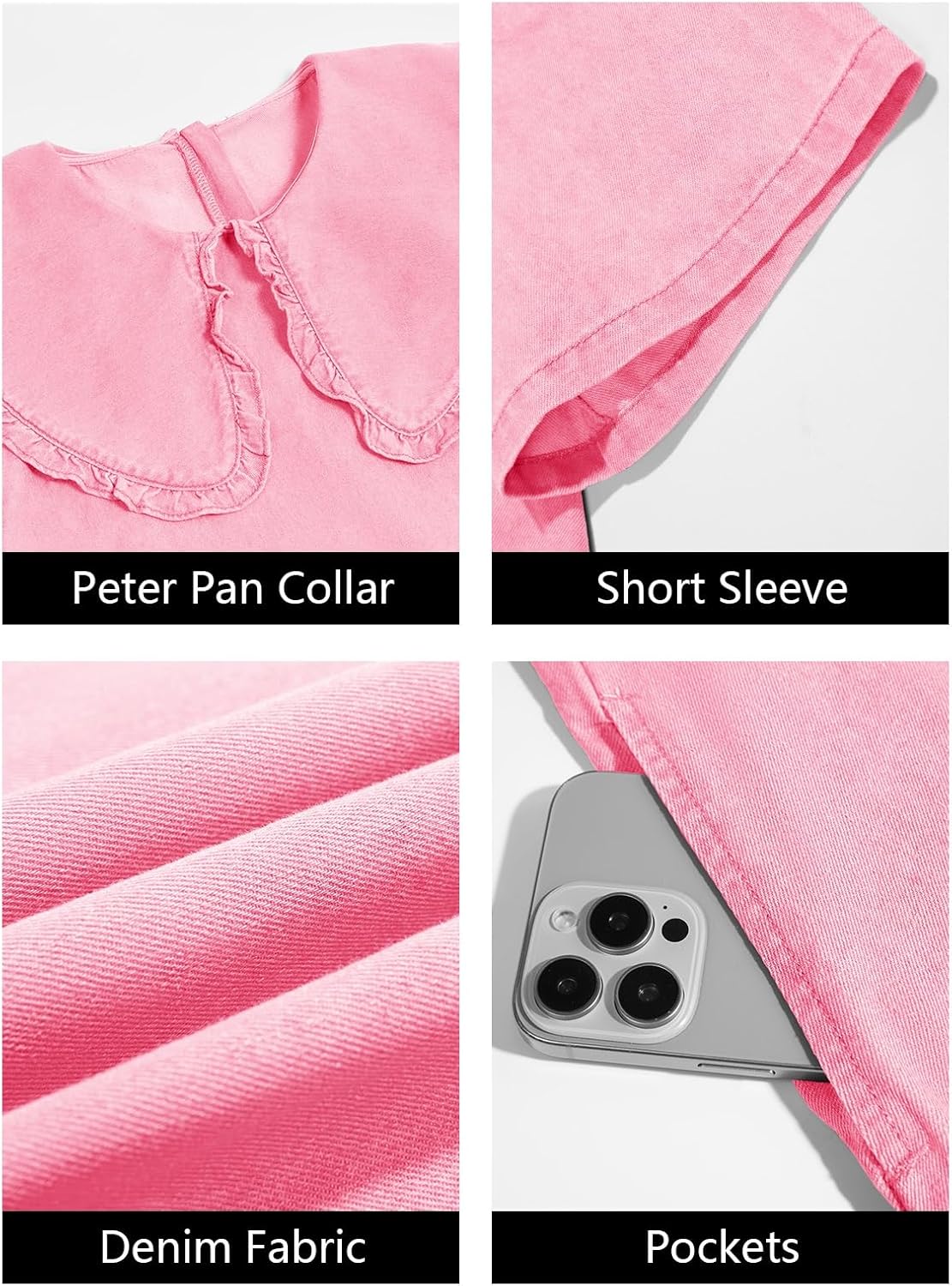 Wenrine Womens Summer Denim Mini Dress Oversized Peter Pan Collar Short Sleeve Casual Flowy Babydoll Jean Dresses - Image 6