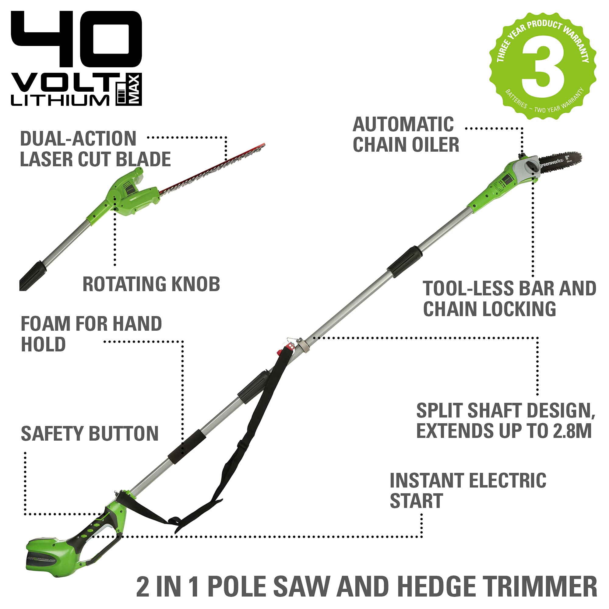 Buy Greenworks Pole Hedge Trimmer Cordless Polesaw 2 in 1 40V Incl