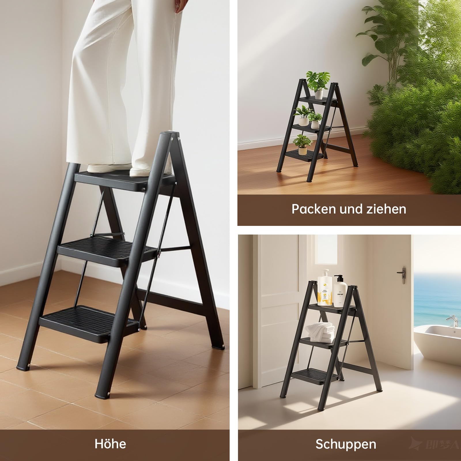 Escalera plegable en 3 peldaños, portátil, capacidad de 250 kg, con pedal ancho antideslizante, para el hogar, cocina, oficina, garaje