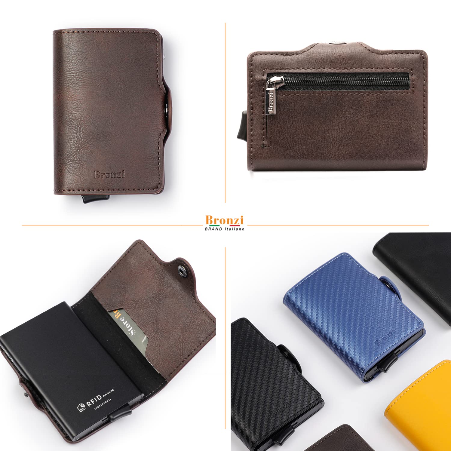 Bronzi Portafoglio Porta Carte Credito - Portafoglio Uomo Donna Slim Portacarte uomo - Mini Porta Tessere - Protezione RFID - Design Smart Italiano Scatola Regalo inculsa (Pelle, Marrone)
