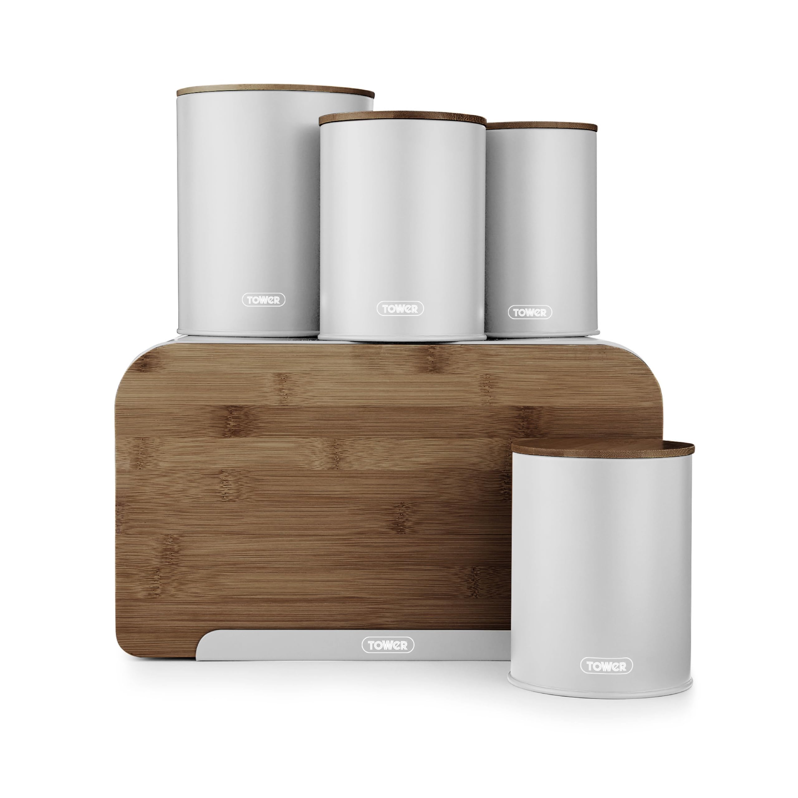 Tower Dove Grey T826141dgry Scandi 5 Piece Storage Set With Bread Bin, Biscuit Barrel, 3 Canisters For Tea, Coffee, Sugar And Other Loose Ingredients, Durable Iron Body And Anti-Slip Base (Bread Bin),