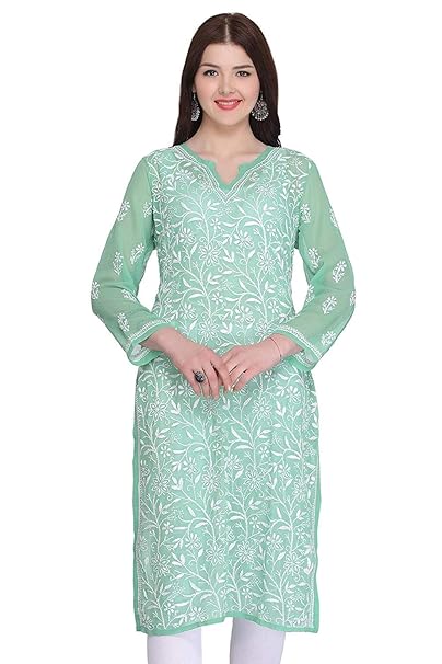 Ada Women's Georgette Embroidered Regular Fit Lucknow Chikankari Georgette Kurta Kurti with Slip A262097