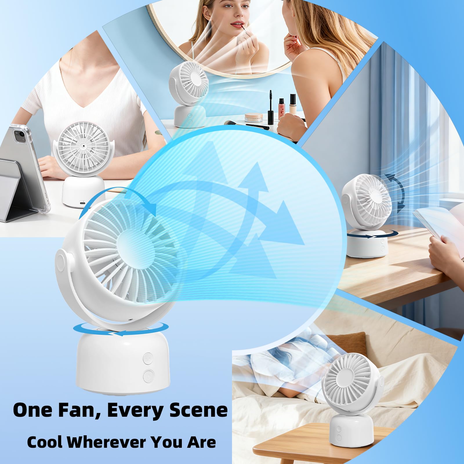 Pequeño ventilador de escritorio oscilante recargable por USB de 3 velocidades, portátil, mini ventilador de refrigeración silencioso para el hogar, oficina, dormitorio