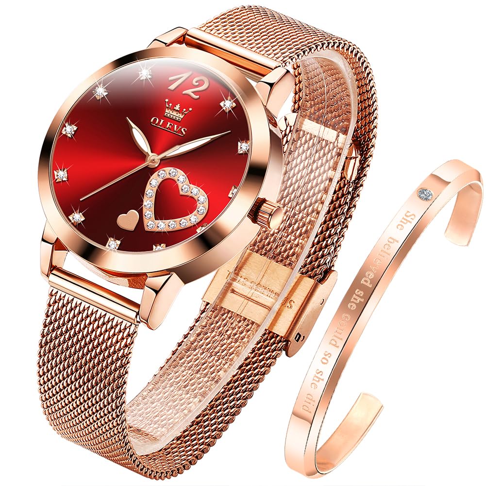 OLEVS Damenuhr Roségold mit Herz Diamant Quarz Armbanduhr Wasserdicht Gürtel Armreif Set