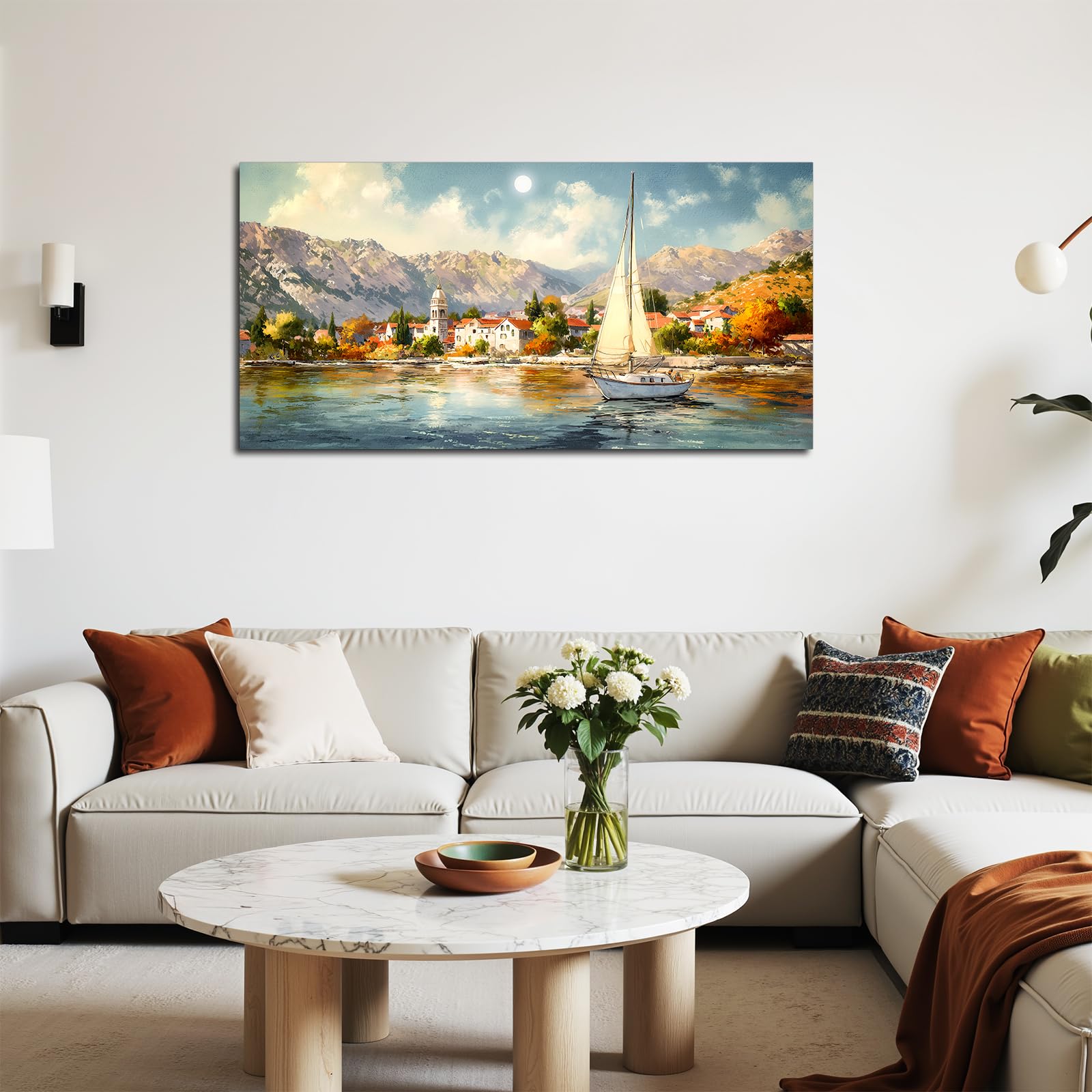 SERIMINO Modern Wandbild mit Rahmen Vintage Landschaft Bilder 50x100 cm | Küstenstadt Segelschiff Wanddeko, Hd Druck, Massivholzrahmen, Einfache Montage, Mehrgrößen Mehr, Vielseitig Einsetzbar