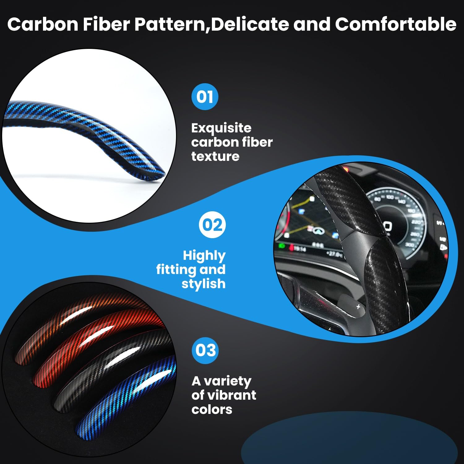 Carbon Fiber Steering Wheel Cover 3PCS Set – Anti-Slip, Scratch-Resistant, Universal Fit for 14–16 Inch Wheels – Interior Car Accessories for Cars, SUVs, Trucks (Black)