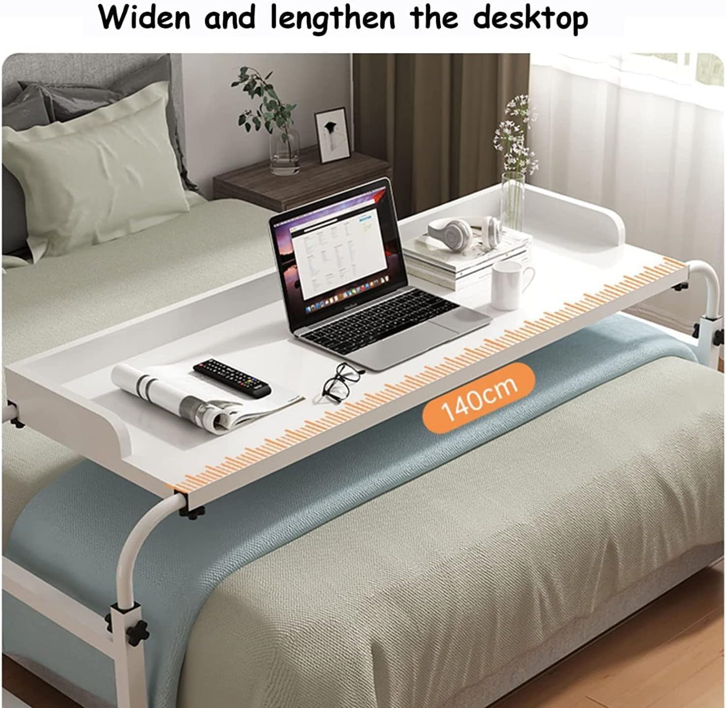 Adjustable Overbed Table with Wheels Extendable Mobile Workstation for Beds Height and Length Adjustable Hospital Table for Twin/Full/Queen/King Size Frames (140cm Wood Color)