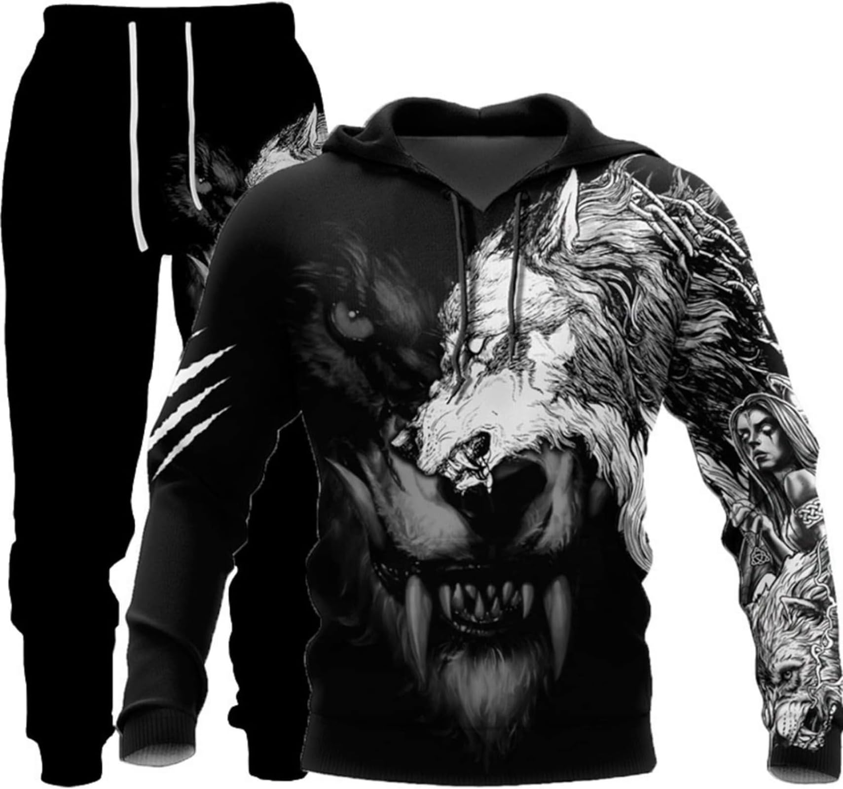 hiegi 3D Wolf Men's Jogging Suit Tracksuit Sports Suit Fitness Sports Pants Hoodie Jacket Training Suit with Hood, XXL