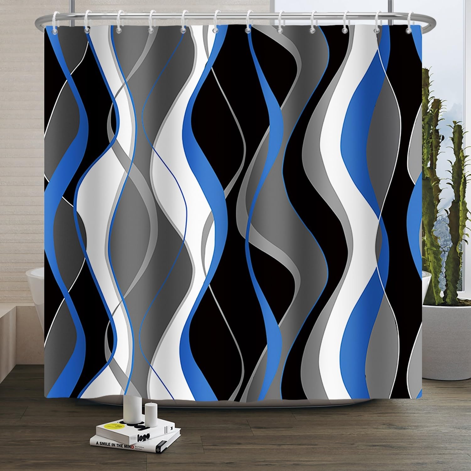Xiaoterna Stripes Shower Curtain Abstract Colorful Curve Lines Shower Curtain Striped Wavy Line Bathroom Curtain White Black Grey Blue Shower Curtain Machine Washable Waterproof Fabric 105x160cm