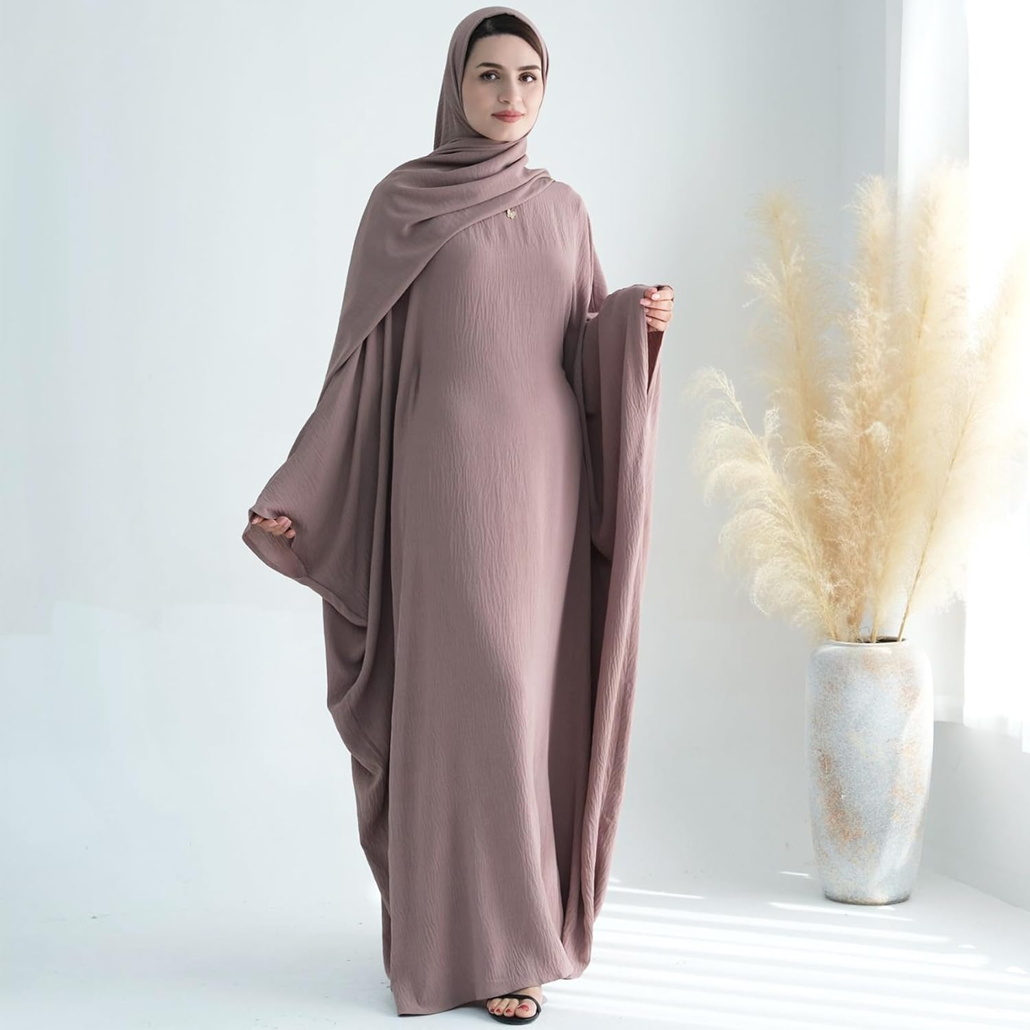 Women Muslim Abaya Dress 1Piece Bat Sleeve Islamic Maxi Robe Fashion Jilbab for Women Eid Kaftan Muslim Robe
