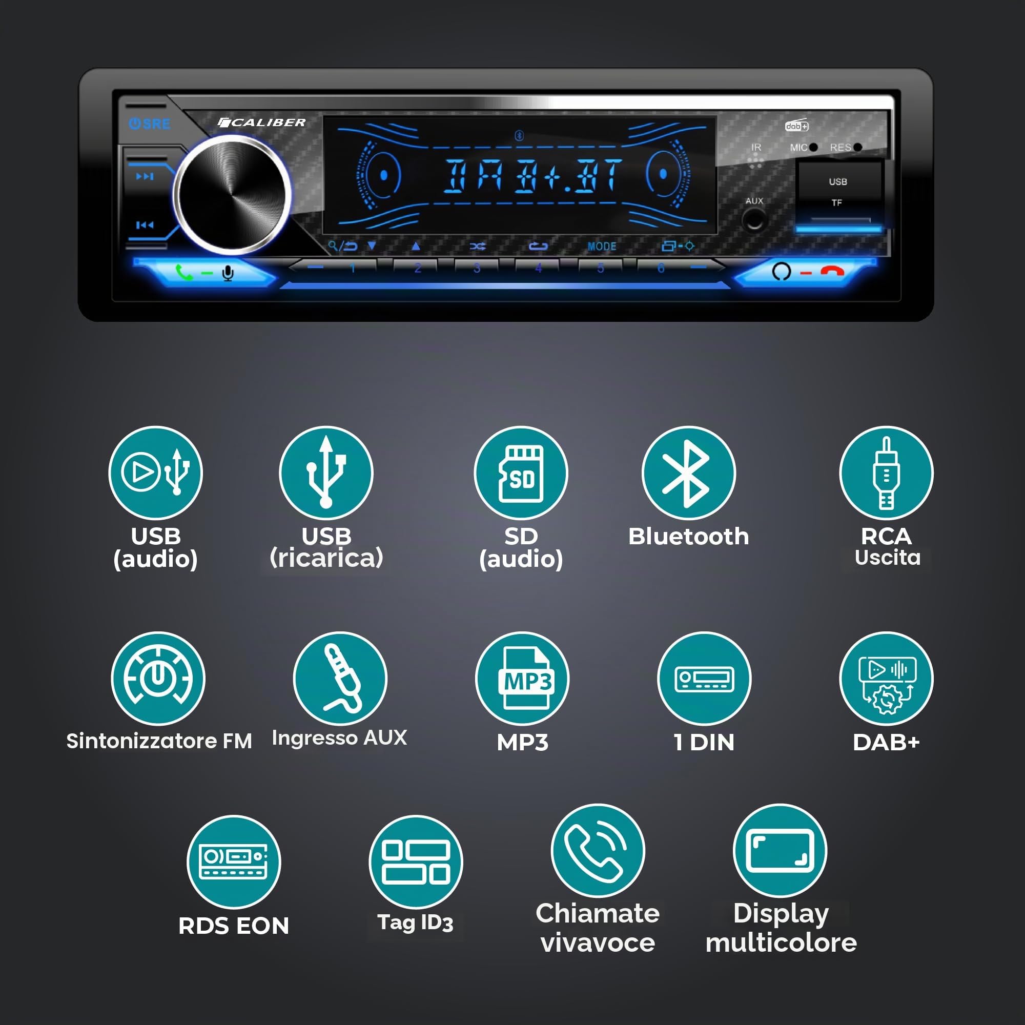 Caliber Autoradio Bluetooth 1DIN, sintonizzatore DAB+/FM, 4 x 75 W, USB/Micro SD, funzione di ricarica 2,1 A, ingresso ausiliario, vivavoce, microfono esterno, uscita RCA, antenna DAB+, 85 mm,