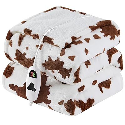 Cow Print Heated Electric Blanket Throw,50X60 Brown Heating Blanket with 10 Heats Levels & 8 Hours Auto Off, Western Highland Cow Decor Stuff Fleece Sherpa Blankets Warmer Gifts for Women Adults