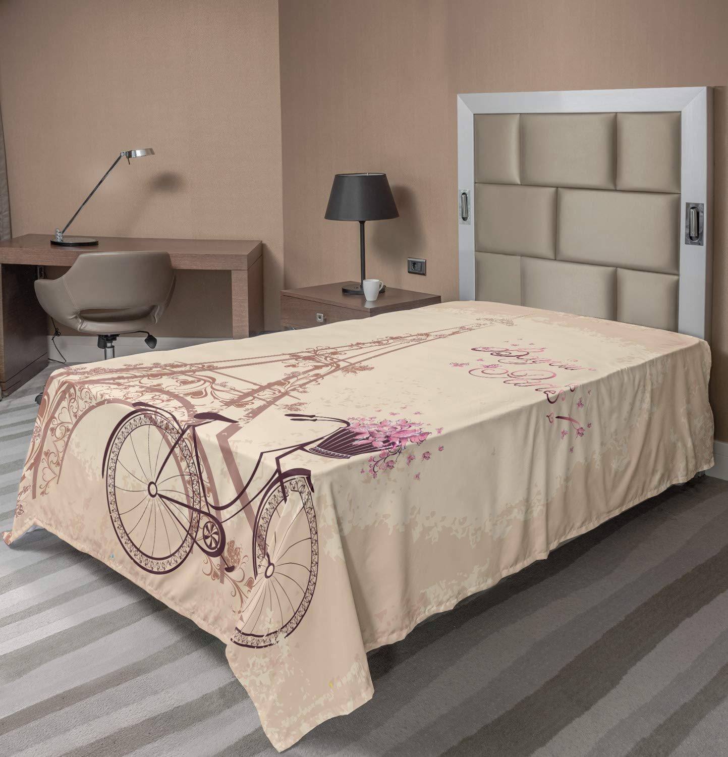 Ambesonne Paris Flat Sheet, Eiffel Tower Floral Style Romantic Vintage Bike with Flowers Bonjour Paris Words Print, Soft Comfortable Top Sheet Decorative Bedding 1 Piece, Twin Size, Beige