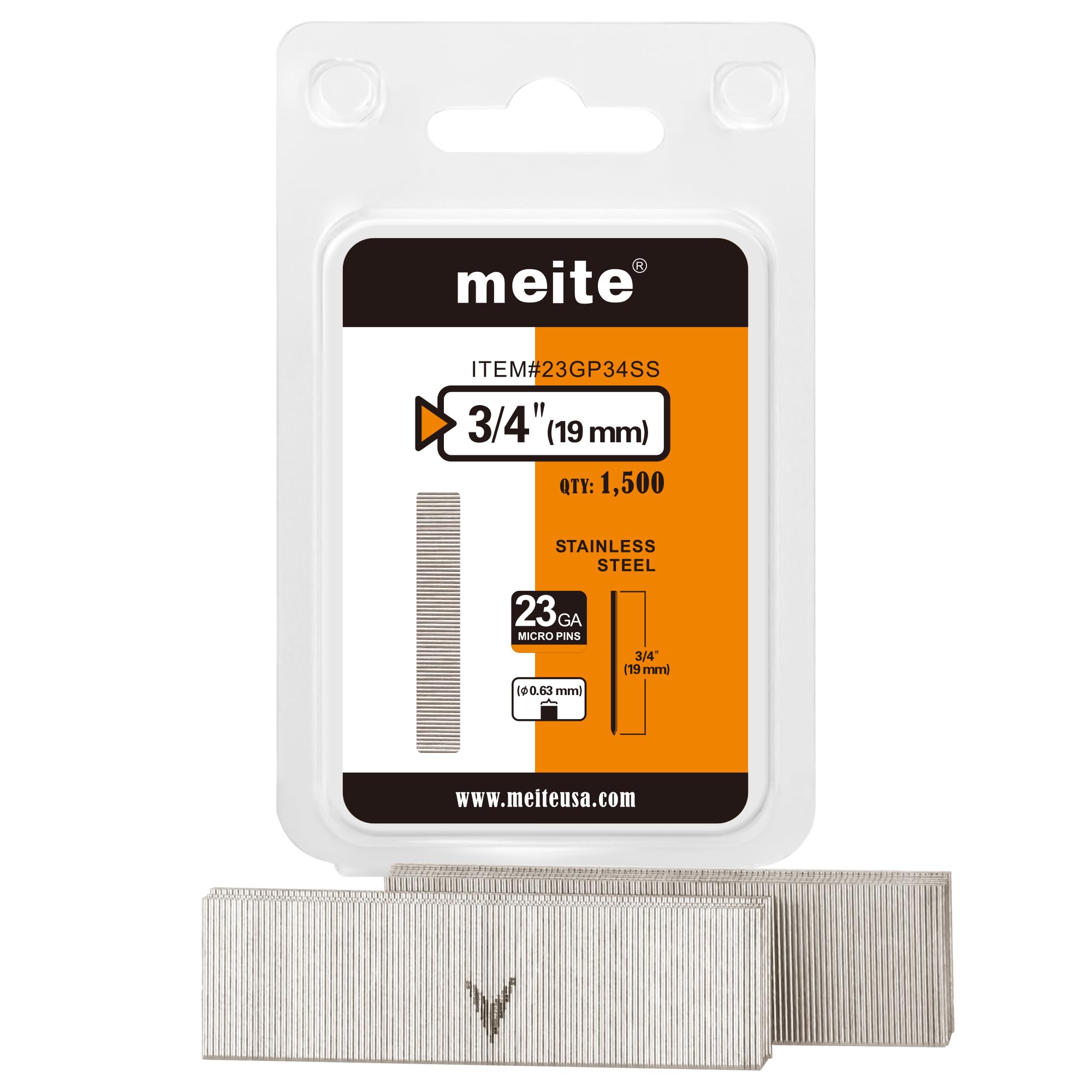 meite 23 Gauge Pin Nails, 304 Stainless Steel Headless Nails for Nail Gun, 19 mm Micro Pin Nails for Trim, Craft & Woodworking, 1,500-Counts — image 1