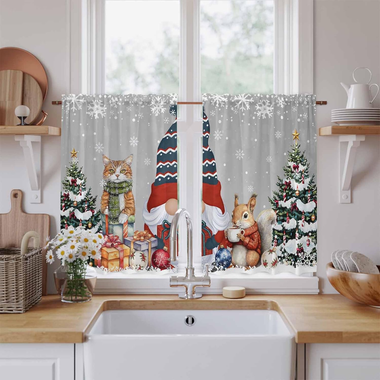 Grey Christmas Kitchen Curtains 45 Inch Long 2 Panel Set, Rod Pocket Window Treatment, Winter Gnomes Squirrel Xmas Pine Tree Snow Light Filtering Panels Short Drapes for Bathroom Camper 42"W x 45"L