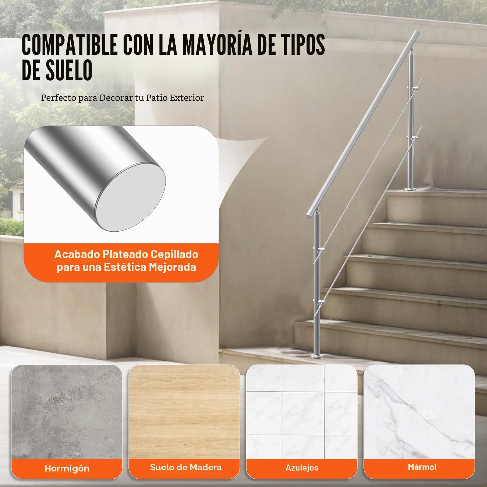 VEVOR Pasamanos de Escalera 180 cm Barandilla de Escalera para Escalones Exteriores de Acero Inoxidable 2 Travesaños con Kit de Instalación Barra de Agarre para Personas Mayores, Porche, Patio