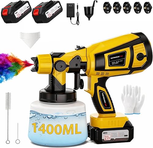 Pulverizador de Pintura Inalámbrico con Batería 2 X 4000mAh 21V, 5 Boquillas y 3 Modos de Pulverización, Pistola de Pintura con Contenedor de