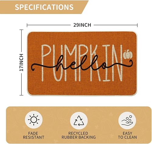 Miniatura 3 de Artoid Mode Tapete de otoño naranja con texto en inglés "Hello Pumpkin", decoración otoñal del hogar, tapete de bajo perfil, tapete para puerta de