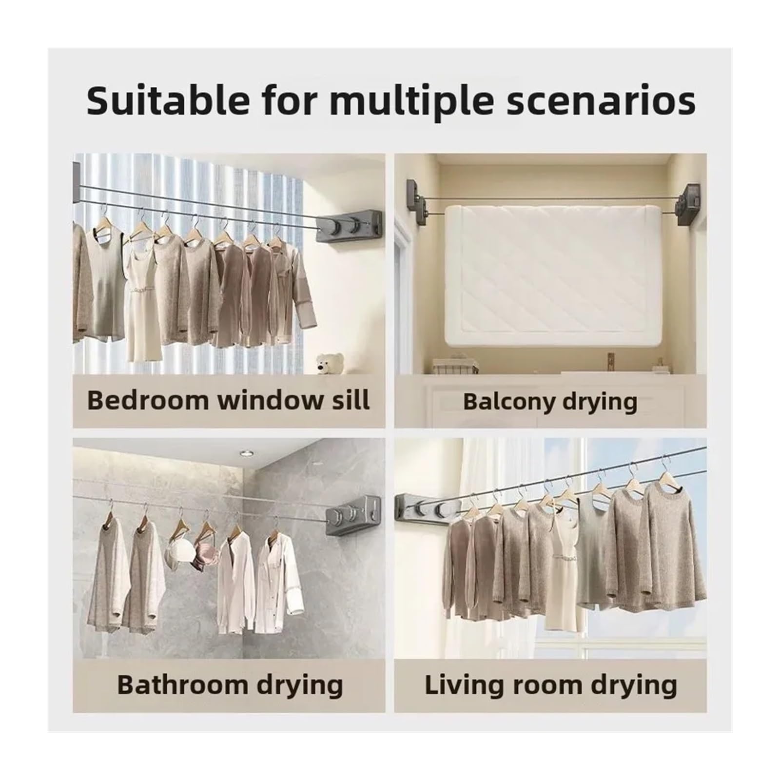 Ausziehbare Wäscheleine Unsichtbare Wäscheleine for den Innenbereich, kein Bohren, Balkon, unsichtbarer einziehbarer Wäscheständer, Badezimmer-Kleiderbügel, Stahldrahtseil(Doubleline 5.1m Grey)