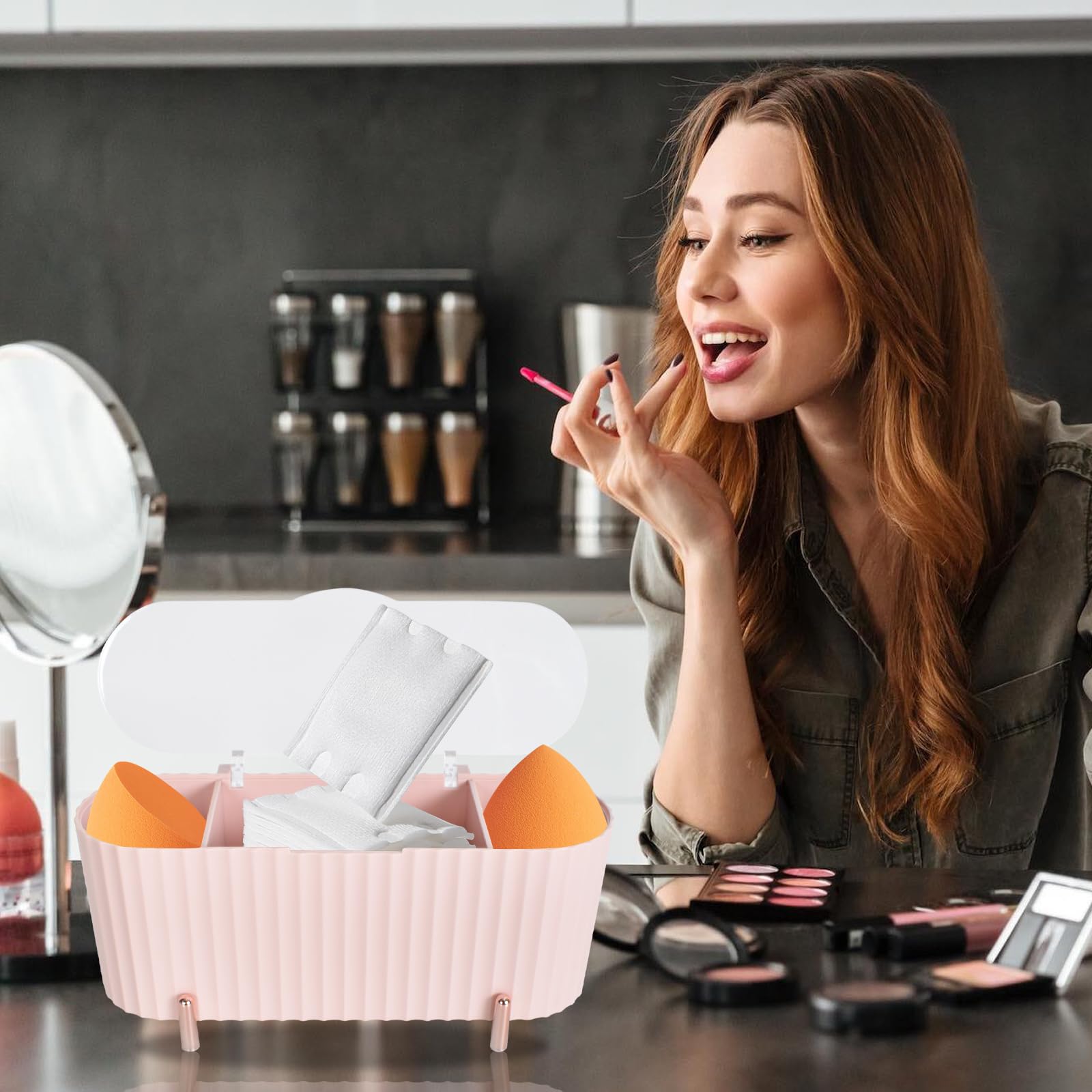Naapesi Makeup Pads Organizer, 3 Fächer Wattepadhalter Wattestäbchenhalter, Wattepads Aufbewahrung Wattepadspender, Wattebällchen Behälter mit Deckel für Schlafzimmer, Badezimmer, Schminktisch (Rosa) Kosmetik