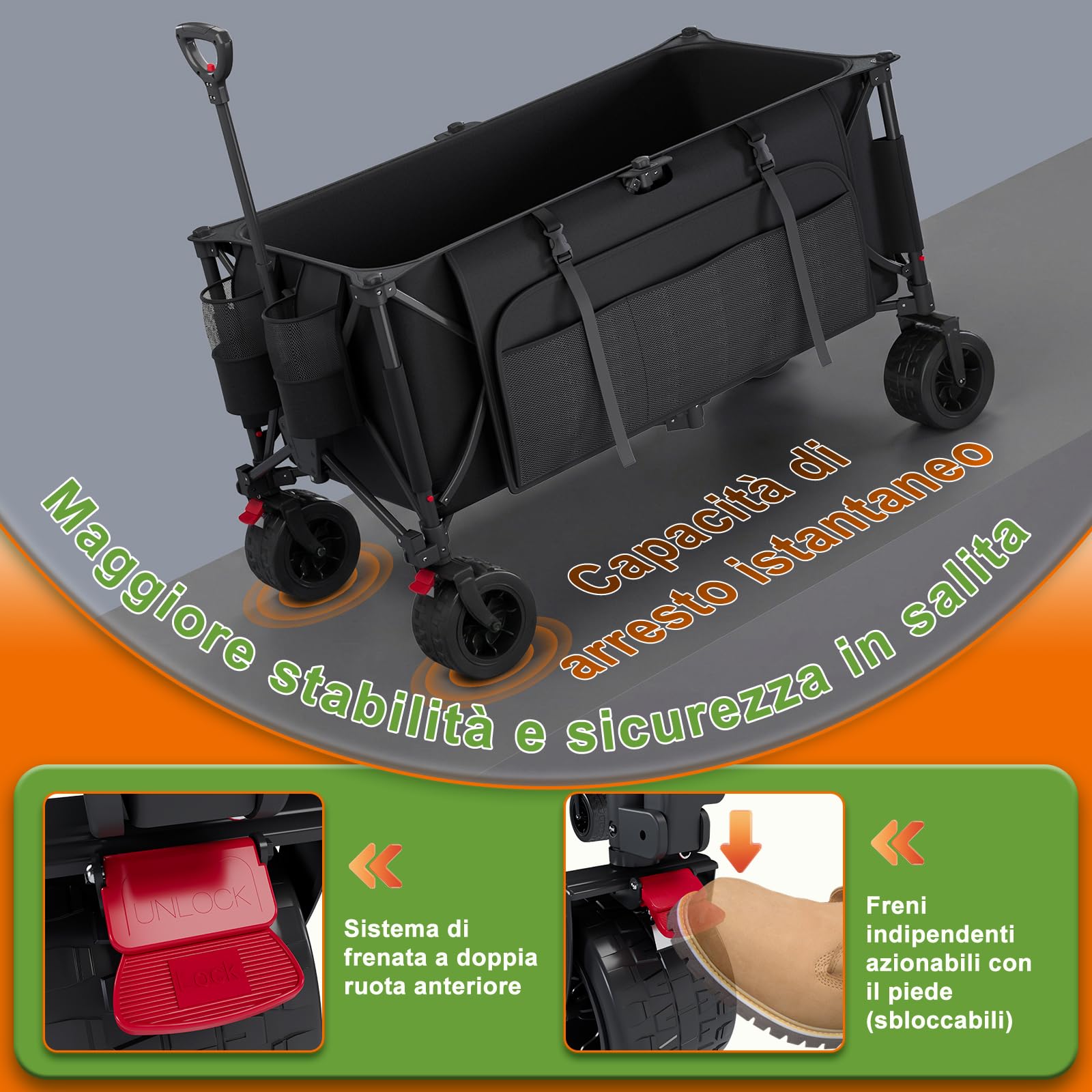 Devoko 260L carrello spiaggia 200kg carrello con ruote portatutto grandi,carrellos pieghevole Con Braccioli Regolabili e Tasche Laterali per Giardino Campeggio all'aperto Ogni Tipo di Terreno, Nero