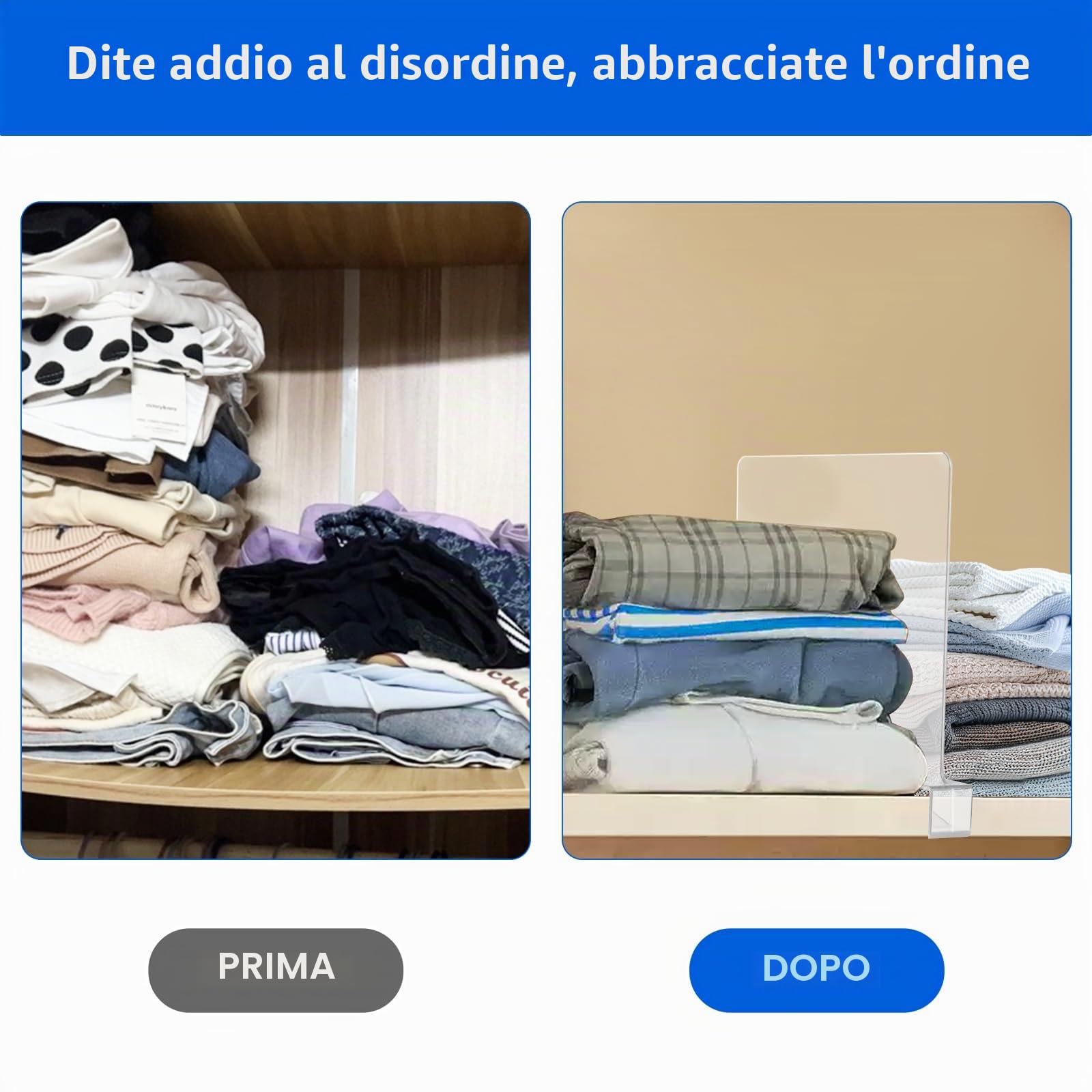 8 Pezzi Divisorio per Ripiani in Acrilico Trasparente - Divisori per Mensole, 30×20cm, Divisorio Multifunzionale, Adatto per Guardaroba, Mobile e Libreria per l'Organizzazione e lo Stoccaggio
