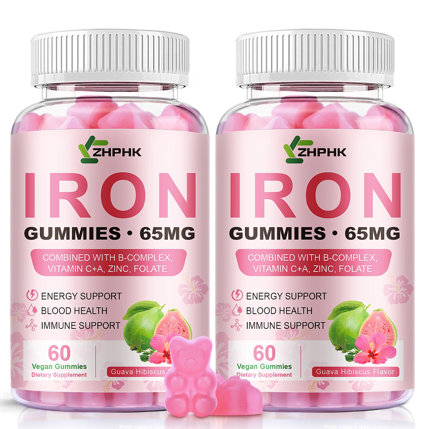 Iron Gummies for Women Men Iron Supplement 65mg & Vitamin C 250mg Guava Hibiscus 60 Count (Pack of 2)
